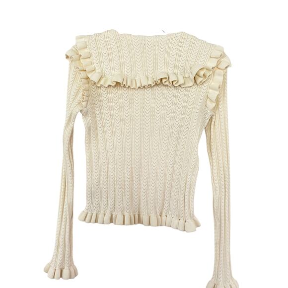 Zara Cream Ruffle Collar Knit Crystal Jewel Button Cardigan Sweater Size Medium - Picture 5 of 9